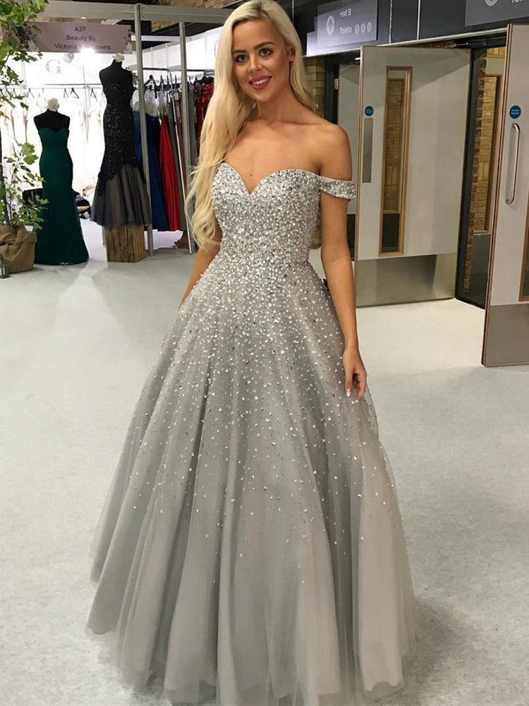 Gorgeous Off Shoulder Silver Grey Sequins Long Prom Dresses, Off Shoulder Grey Formal Evening Dresses