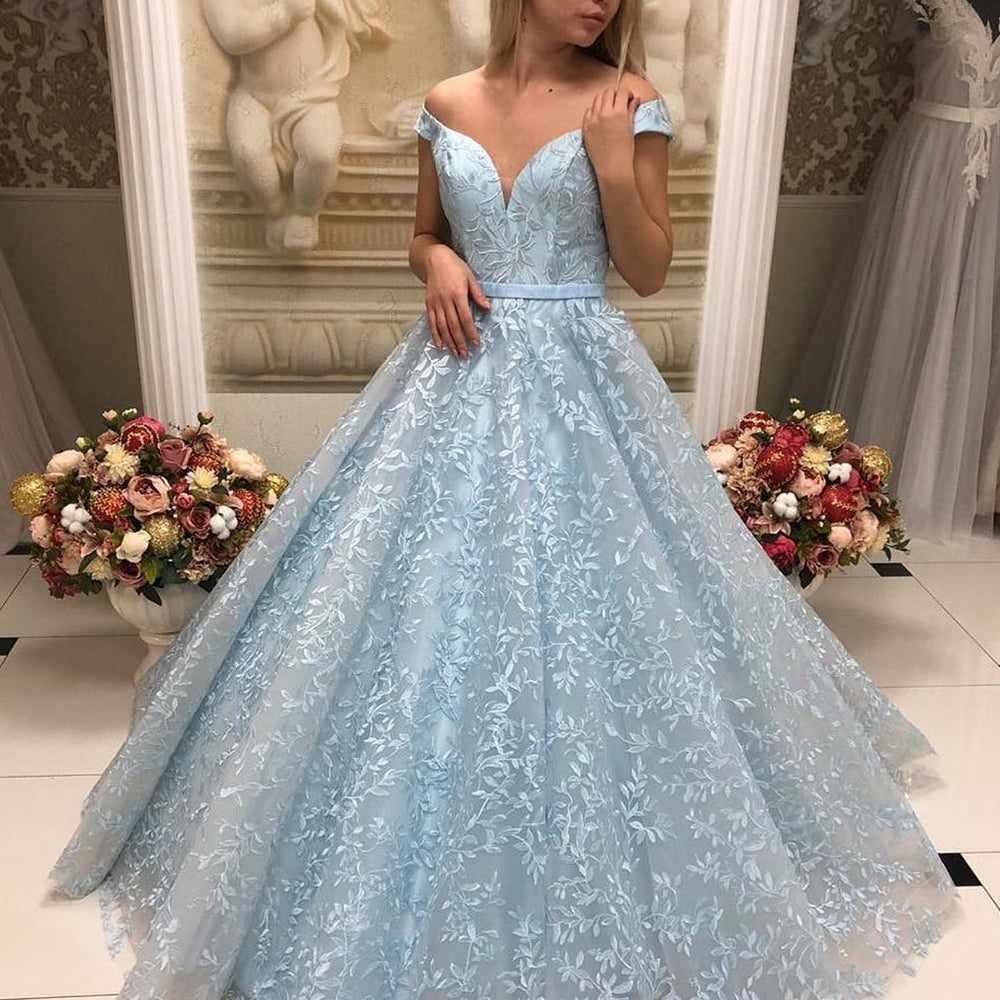 Gorgeous Off Shoulder Sky Blue Lace Long Prom Dresses, Sky Blue Lace Formal Evening Dresses, Blue Ball Gown