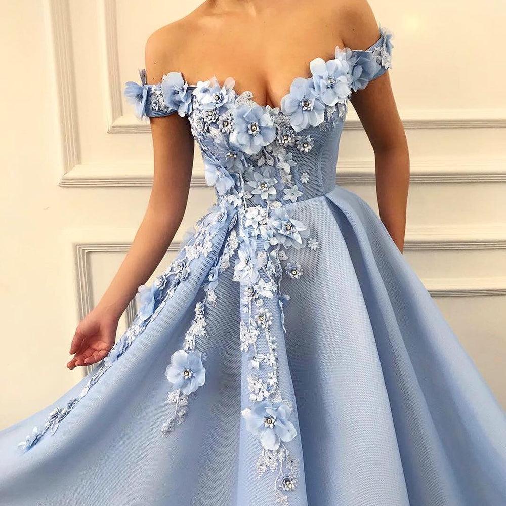 
                      
                        Gorgeous Off-the-Shoulder Blue Prom Dresses | Flowers Long Evening Gowns
                      
                    