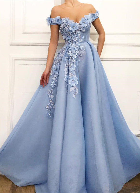 Gorgeous Off-the-Shoulder Blue Prom Dresses | Flowers Long Evening Gowns