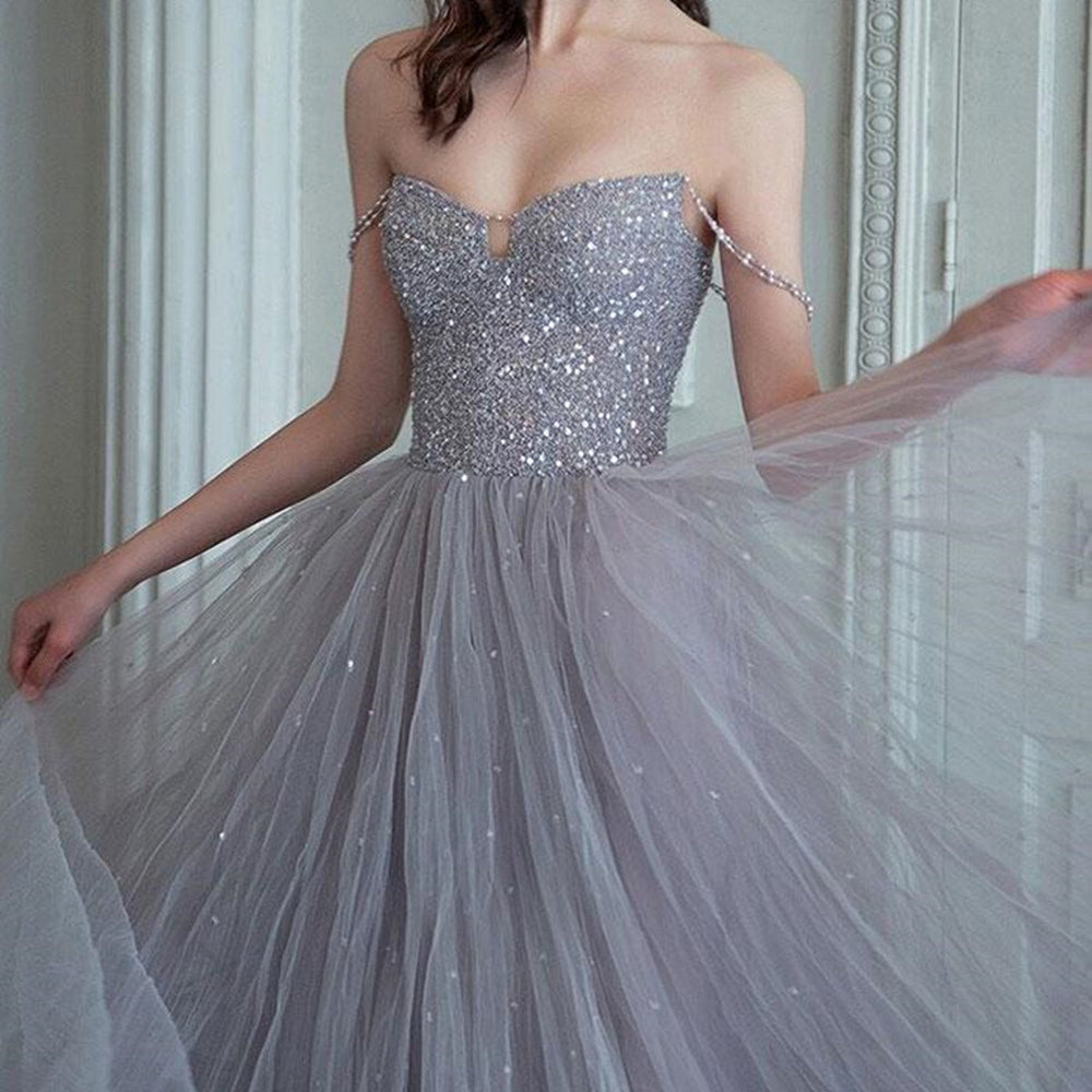 
                      
                        Gorgeous Off the Shoulder Gray Beaded Long Prom Dresses, Off Shoulder Gray Formal Evening Dresses, Beaded Gray Ball Gown
                      
                    