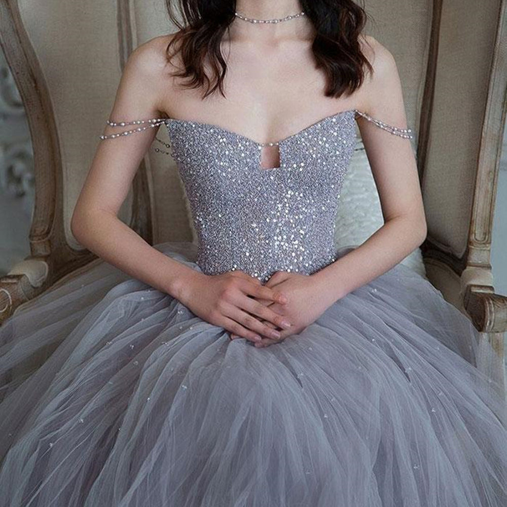 
                      
                        Gorgeous Off the Shoulder Gray Beaded Long Prom Dresses, Off Shoulder Gray Formal Evening Dresses, Beaded Gray Ball Gown
                      
                    