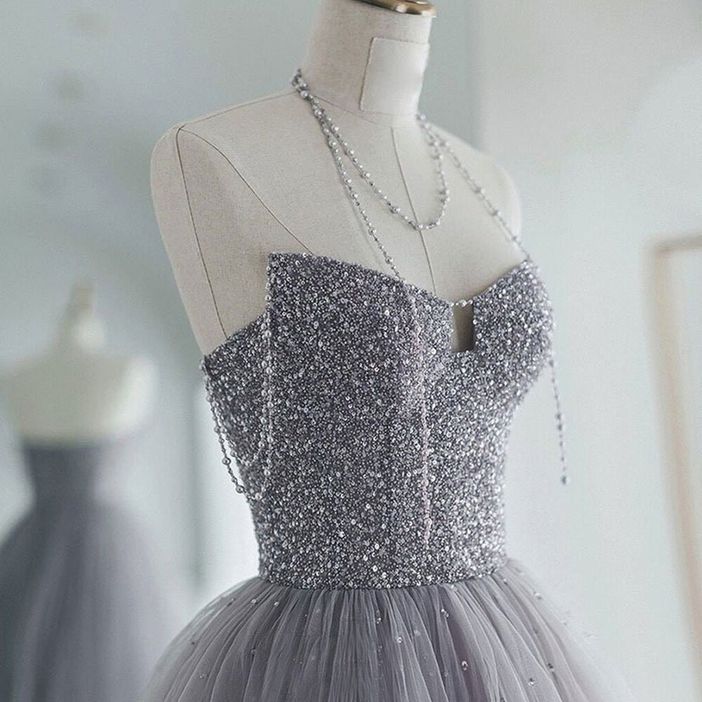 
                      
                        Gorgeous Off the Shoulder Gray Beaded Long Prom Dresses, Off Shoulder Gray Formal Evening Dresses, Beaded Gray Ball Gown
                      
                    