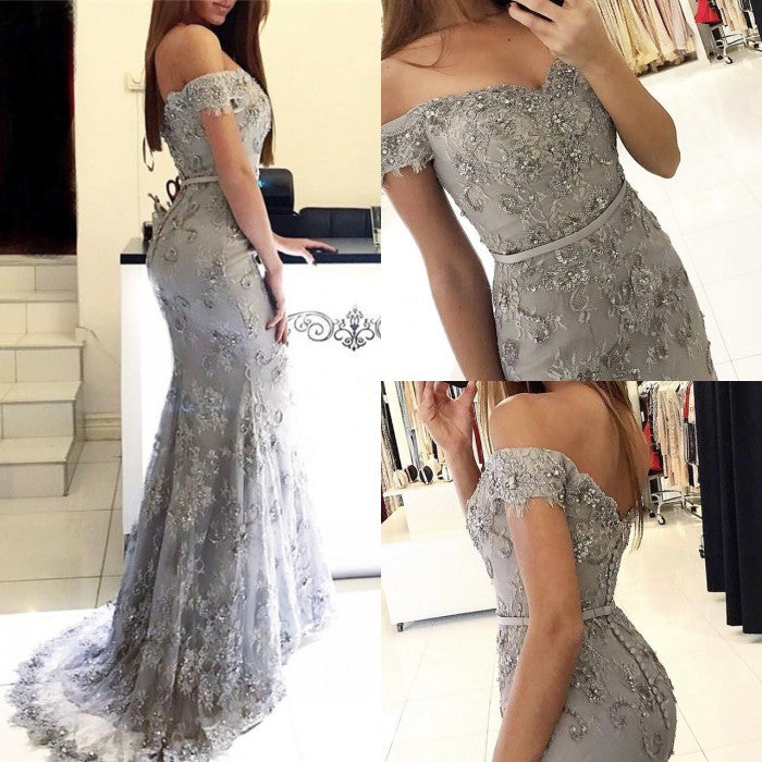 
                      
                        Gorgeous Off-the-Shoulder Mermaid Prom Dresses | Long Silver Evening Gowns BC0259
                      
                    