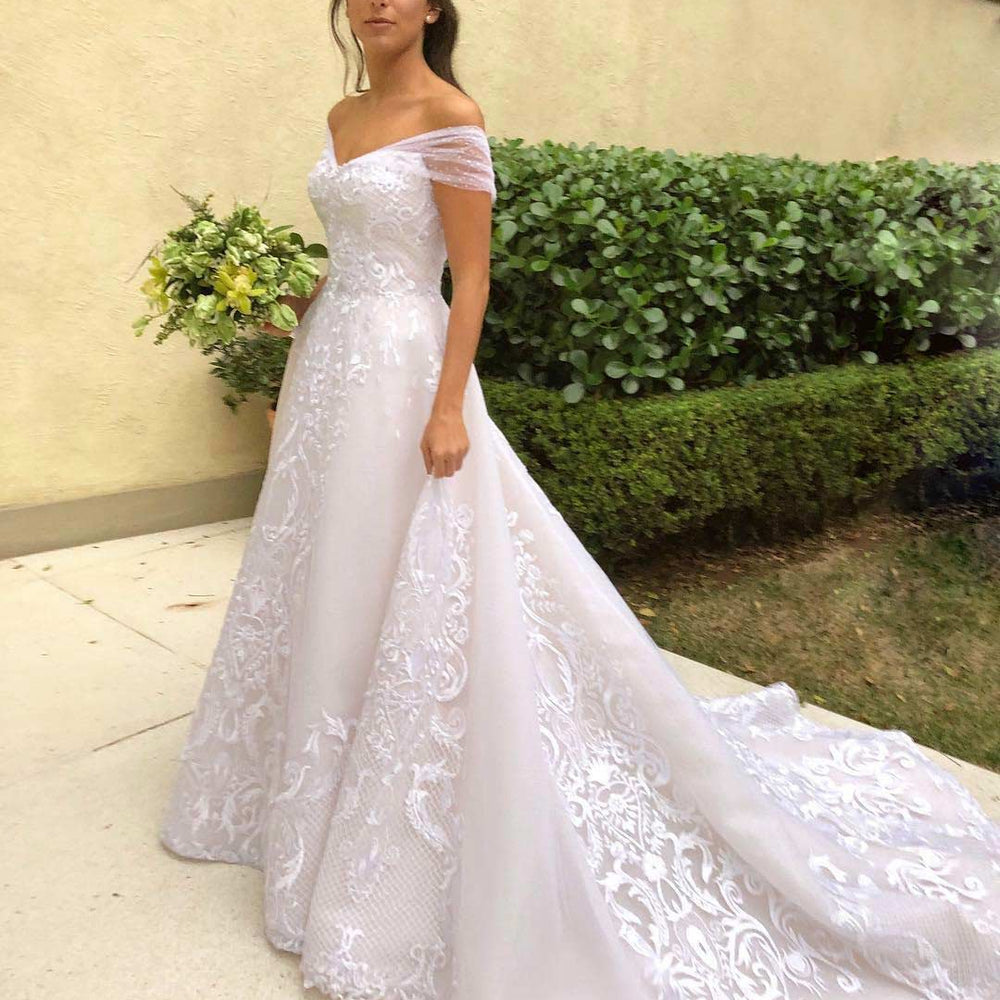 
                      
                        Gorgeous Off The Shoulder White Lace Wedding Dress With Sweep Train
                      
                    