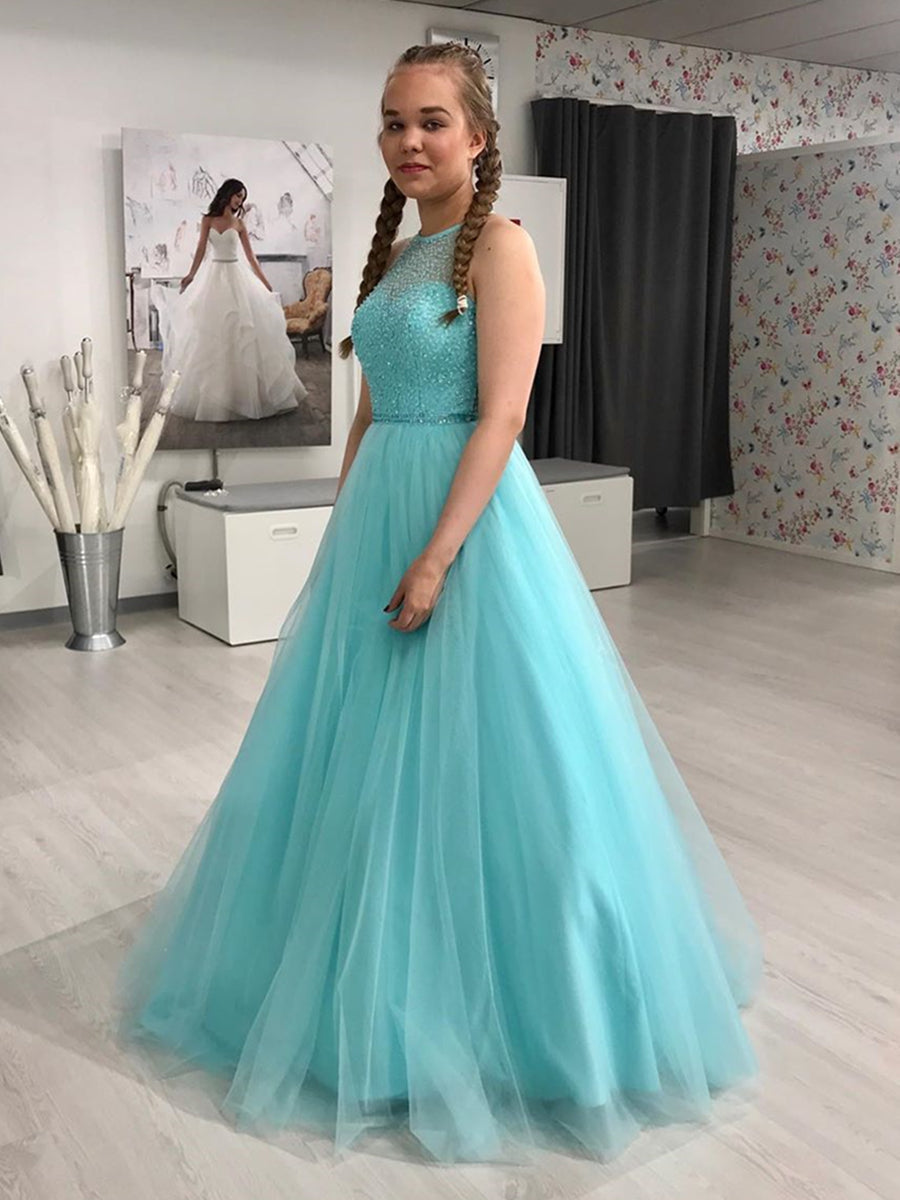 Gorgeous Round Neck Green Beaded Long Prom Dresses, Long Green Formal Evening Dresses