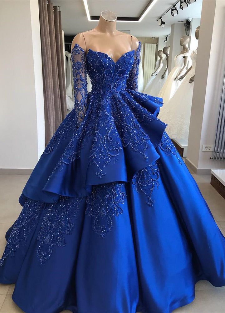 Gorgeous Royal Blue Lace Ruffled Evening Gown | Beads Prom Dress BC1125