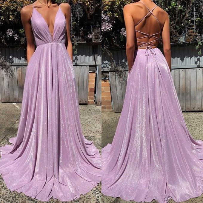 
                      
                        Gorgeous Spaghetti-Straps Long Prom Dress | Sequins V-Neck Evening Party Dress BC1727
                      
                    