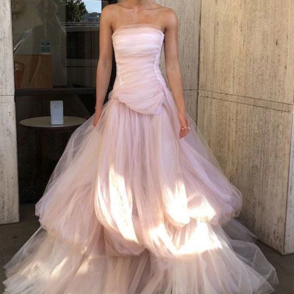 
                      
                        Gorgeous Strapless Layered Light Pink Tulle Long Prom Dresses, Light Pink Tulle Formal Graduation Evening Dresses 
                      
                    