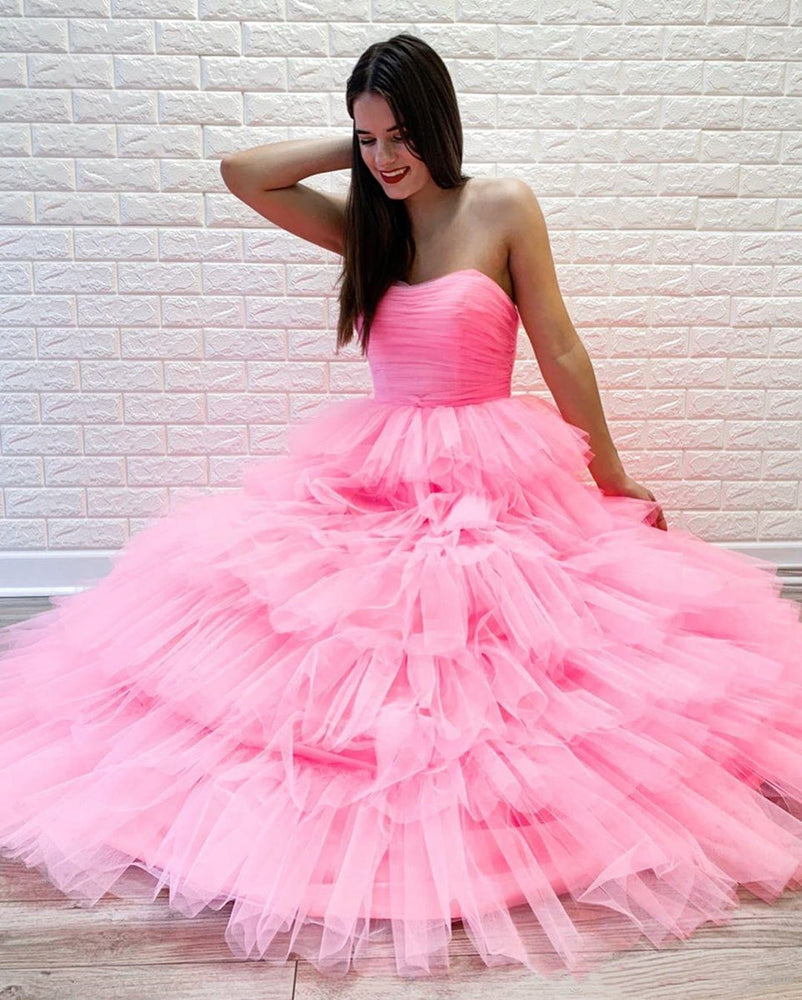 
                      
                        Gorgeous Strapless Layered Pink Long Prom Dresses, Pink Formal Evening Dresses, Layered Pink Ball Gown
                      
                    