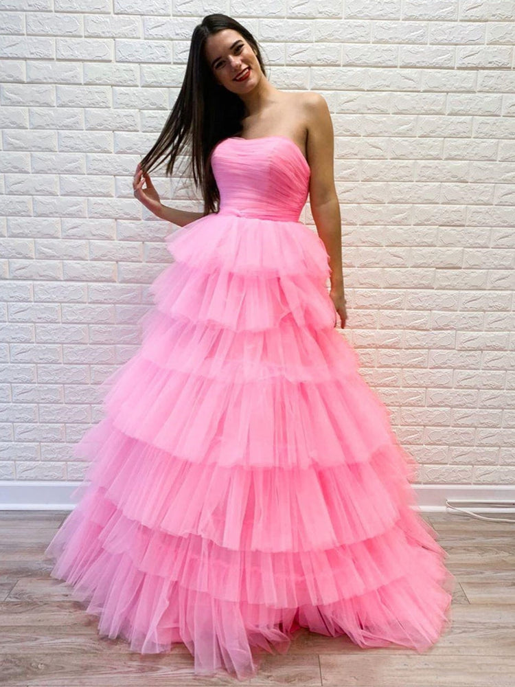 
                      
                        Gorgeous Strapless Layered Pink Long Prom Dresses, Pink Formal Evening Dresses, Layered Pink Ball Gown
                      
                    