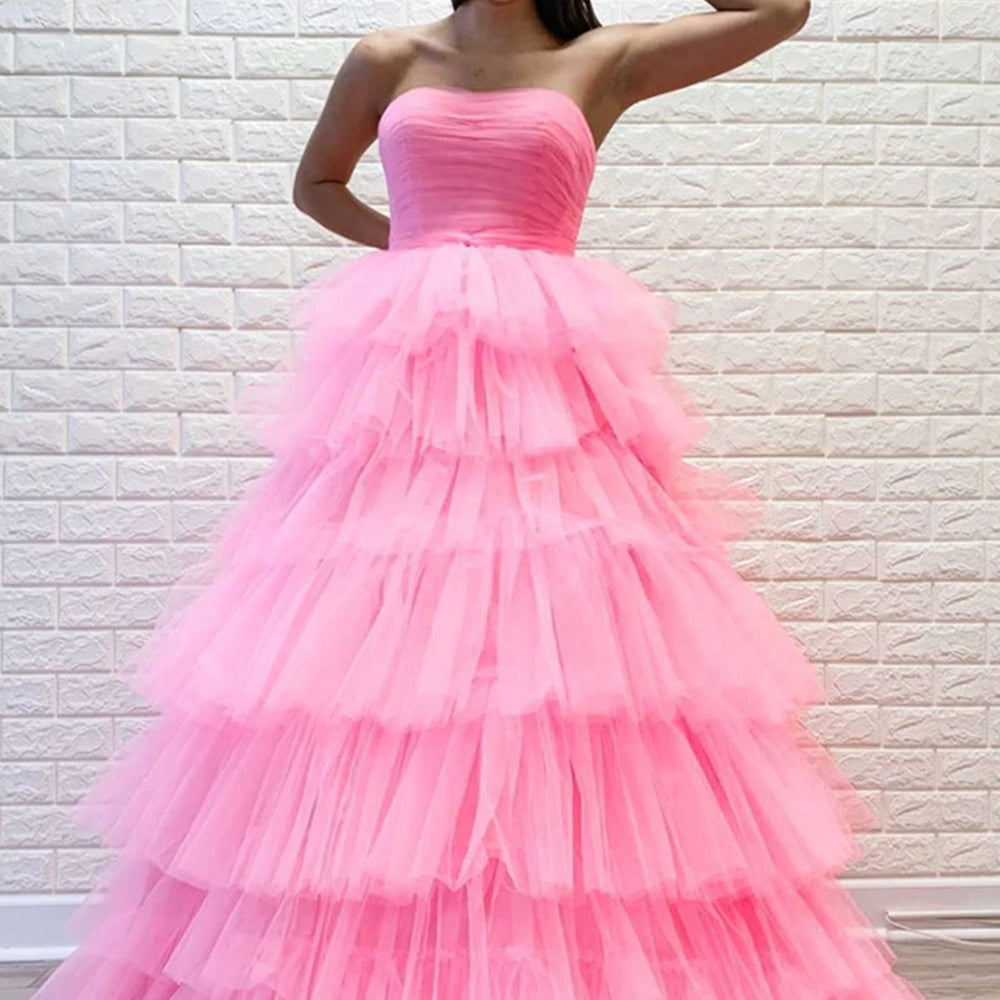 
                      
                        Gorgeous Strapless Layered Pink Tulle Long Prom Dresses, Pink Tulle Formal Evening Dresses 
                      
                    