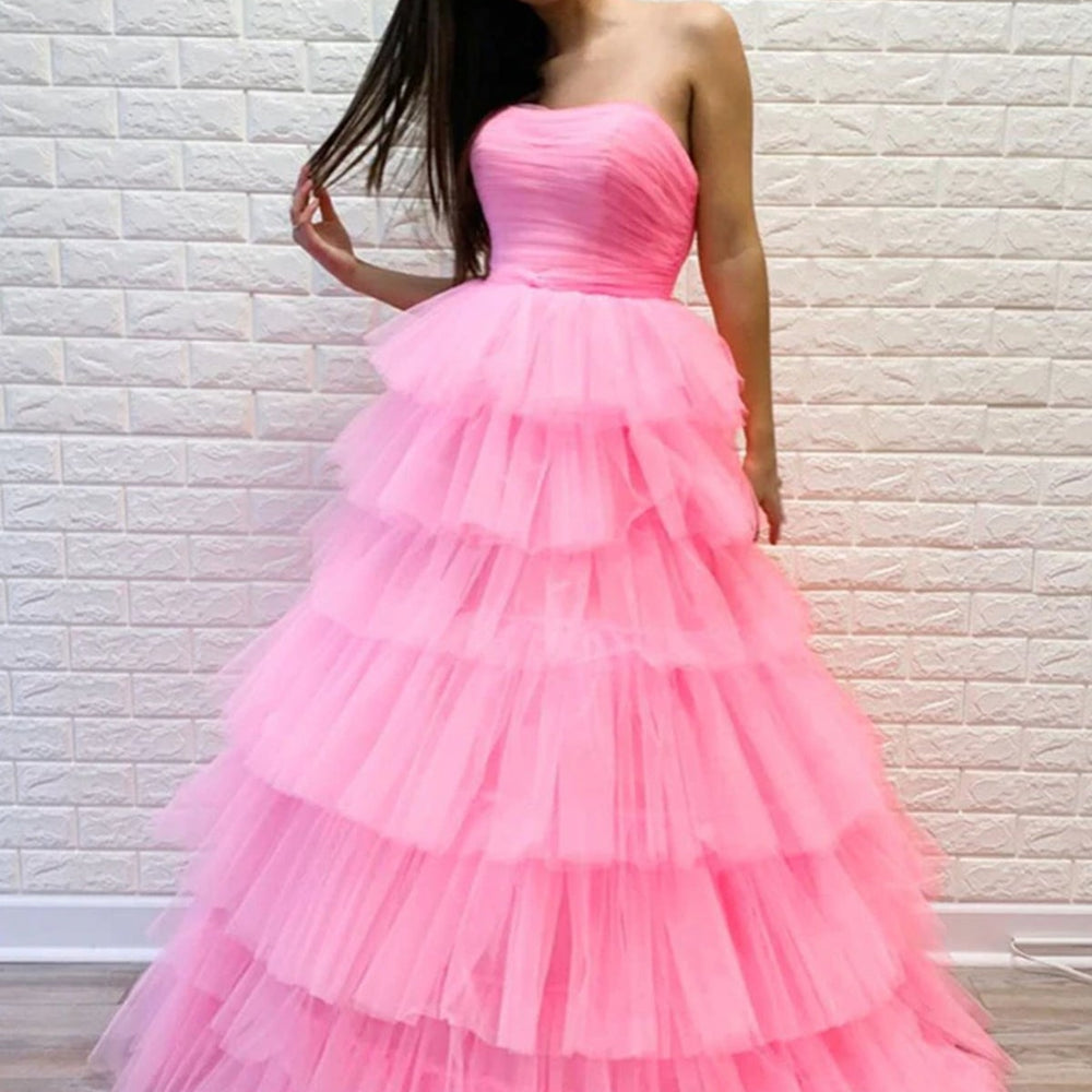 
                      
                        Gorgeous Strapless Layered Pink Tulle Long Prom Dresses, Pink Tulle Formal Evening Dresses 
                      
                    