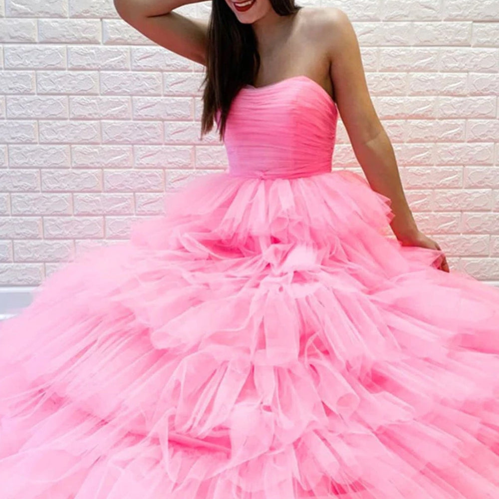 
                      
                        Gorgeous Strapless Layered Pink Tulle Long Prom Dresses, Pink Tulle Formal Evening Dresses 
                      
                    