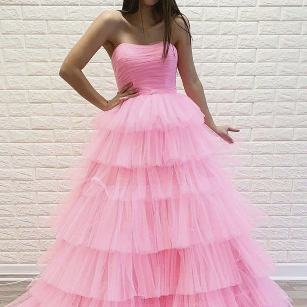 
                      
                        Gorgeous Strapless Layered Pink Tulle Long Prom Dresses, Pink Tulle Formal Evening Dresses 
                      
                    