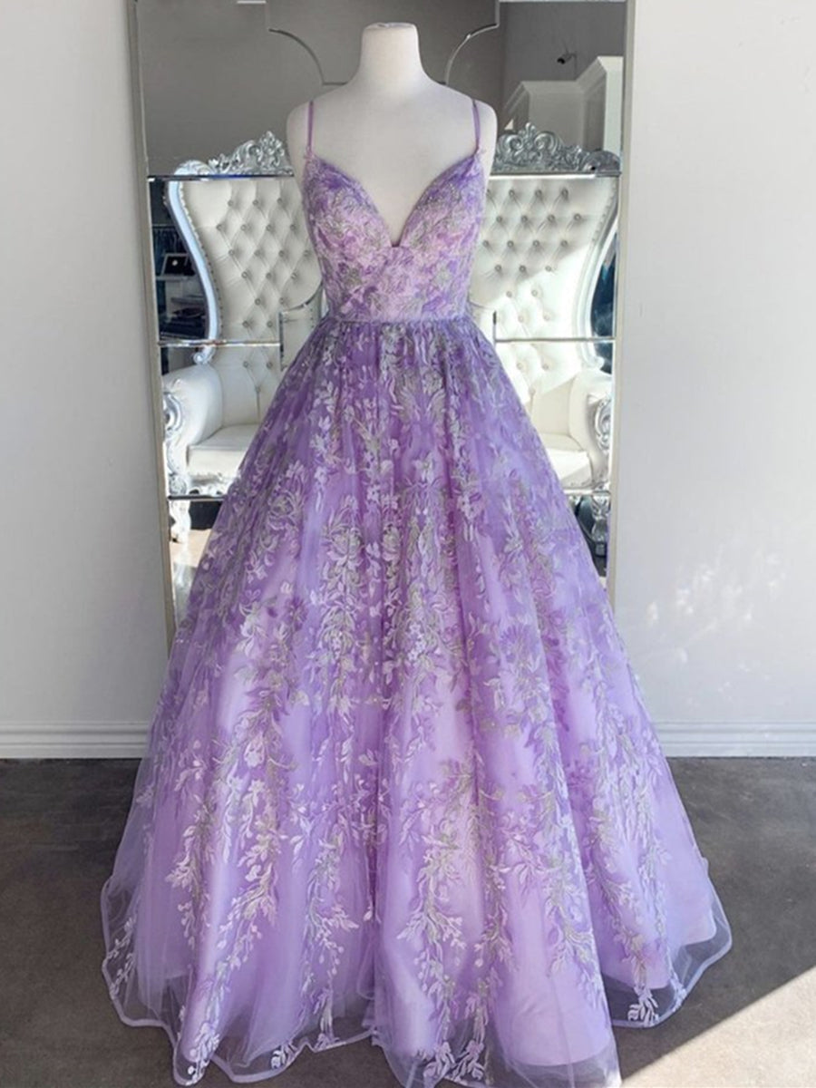 Gorgeous V Neck Backless Beaded Purple Lace Long Prom Dresses, Lilac Lace Formal Dresses, Purple Evening Dresses