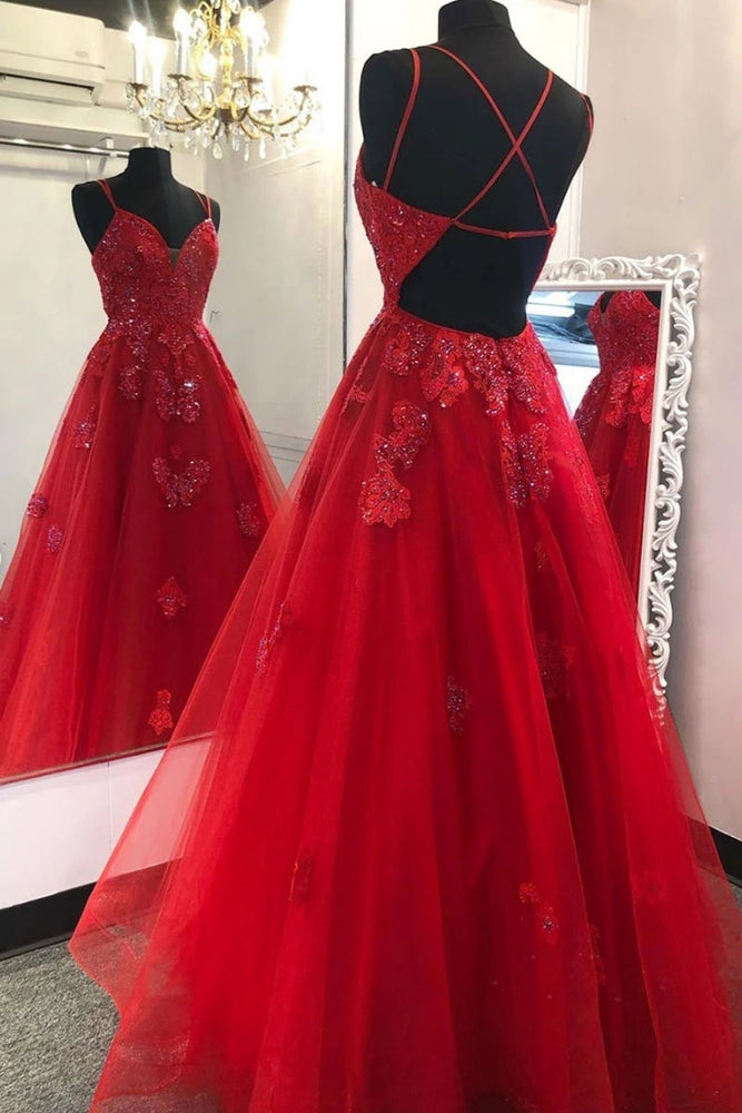 
                      
                        Gorgeous V Neck Backless Red Lace Appliques Prom Dresses, Backless Red Lace Formal Dresses, Red Lace Evening Dresses, Red Ball Gown
                      
                    