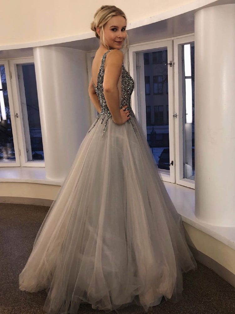 
                      
                        Gorgeous V Neck Beaded Silver Grey Long Prom Dresses, Silver Grey Beaded Formal Graduation Evening Dresses
                      
                    