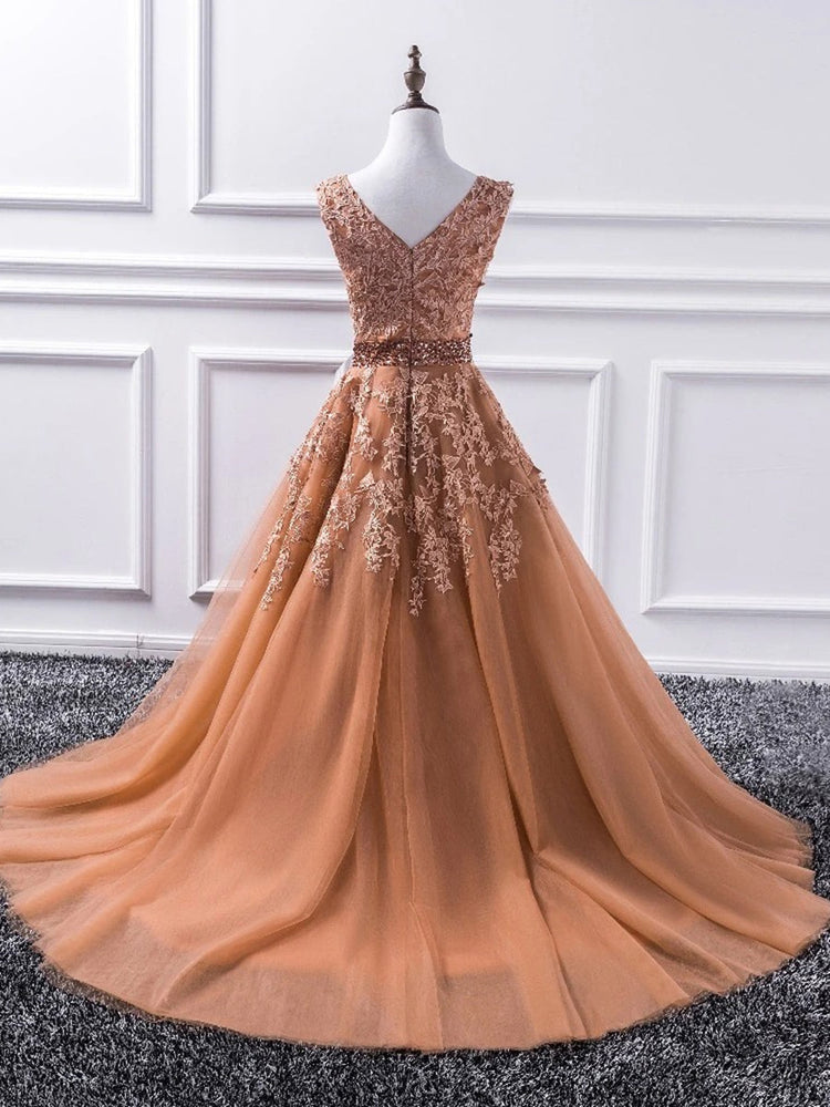 
                      
                        Gorgeous V Neck Champagne Lace Long Prom Dresses, Champagne Lace Formal Dresses, Champagne Evening Dresses
                      
                    