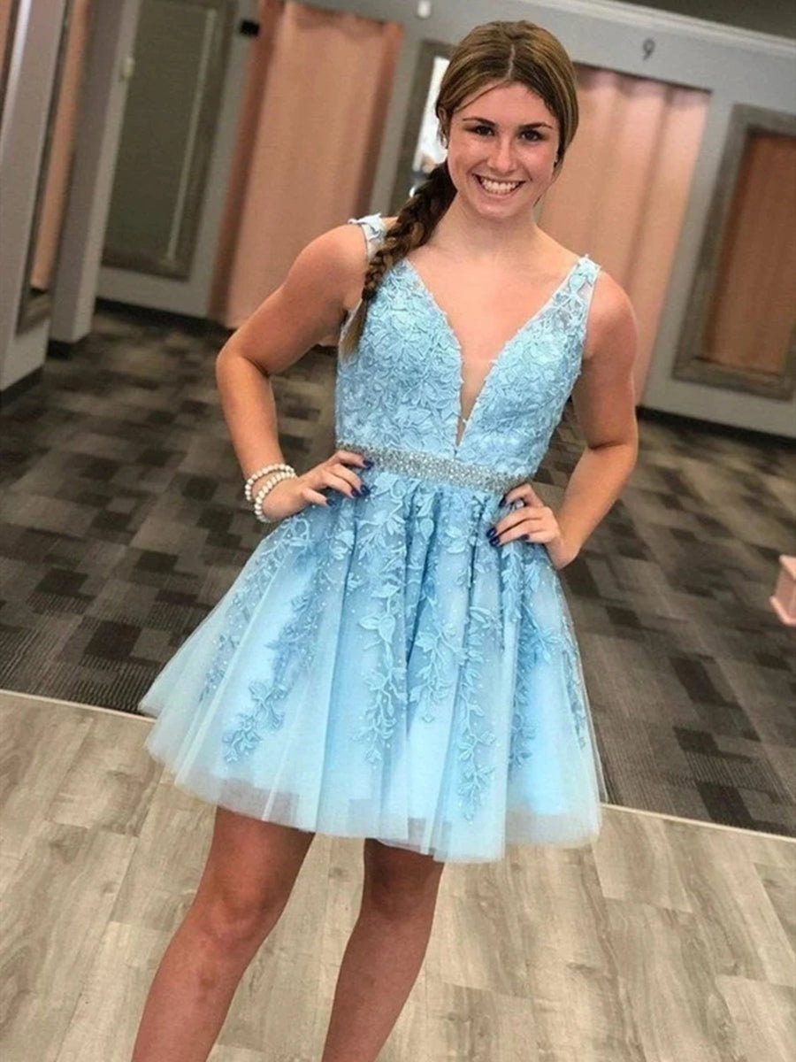 Gorgeous V Neck Light Blue Lace Short Prom Dresses with Belt, Light Blue Lace Formal Graduation Homecoming Dresses