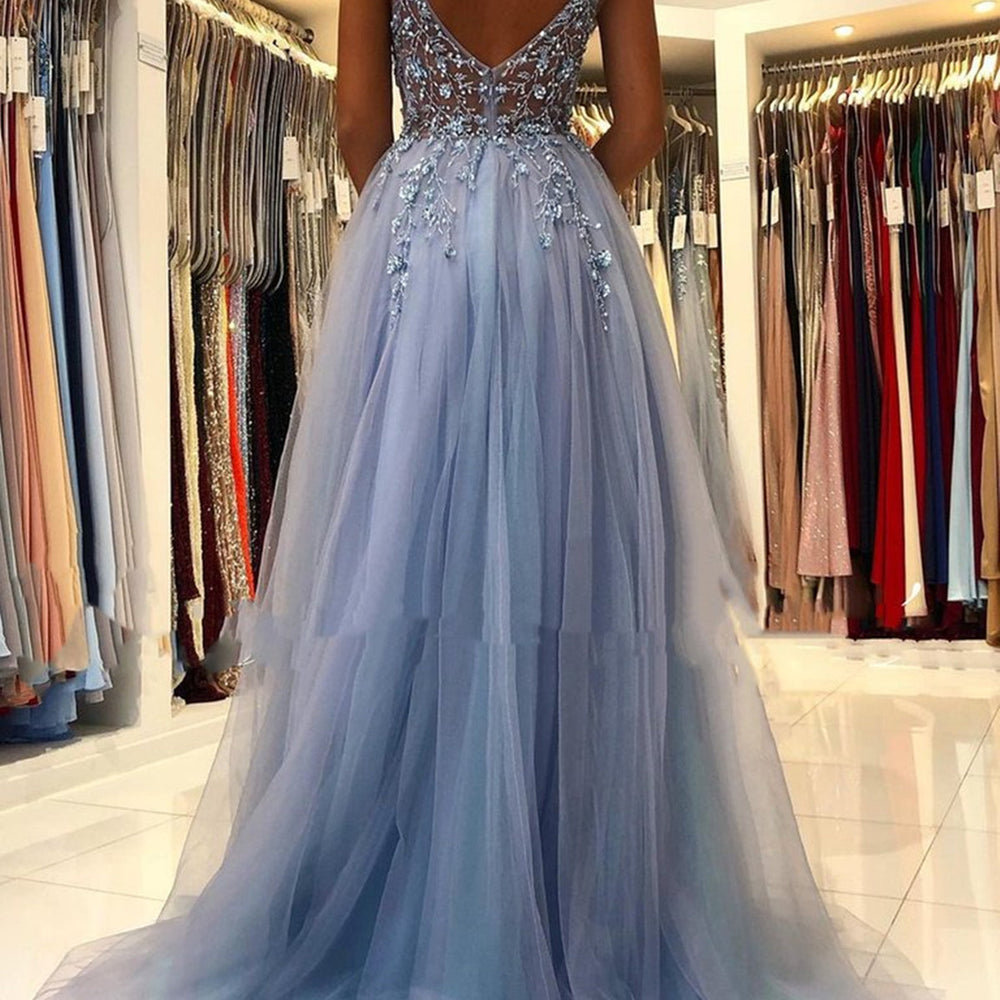 
                      
                        Gorgeous V Neck Open Back Smoky Gray Beaded Long Prom Dresses, High Slit Smoky Grey Long Formal Evening Dresses
                      
                    