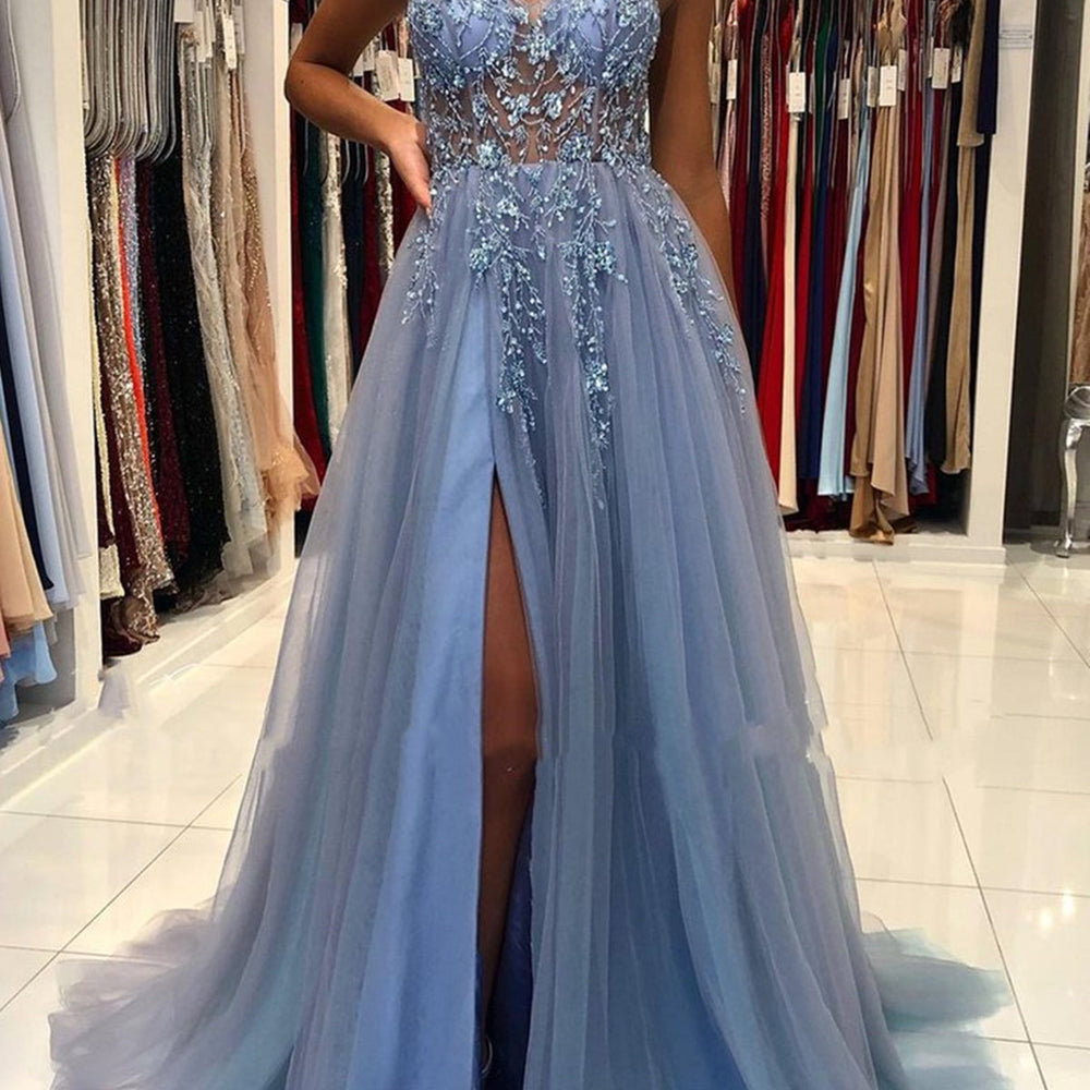 
                      
                        Gorgeous V Neck Open Back Smoky Gray Beaded Long Prom Dresses, High Slit Smoky Grey Long Formal Evening Dresses
                      
                    