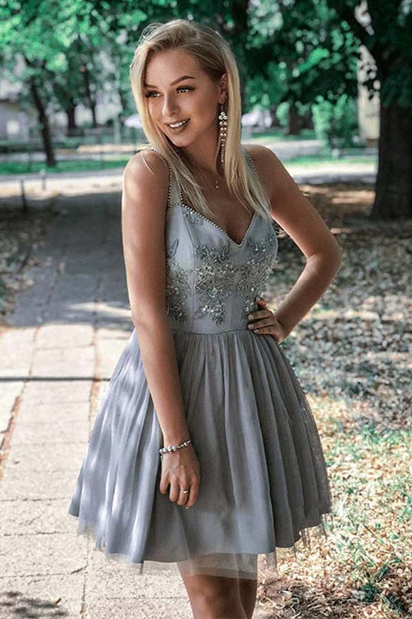 Gray Tulle A-Line Short Homecoming Dress With Appliques