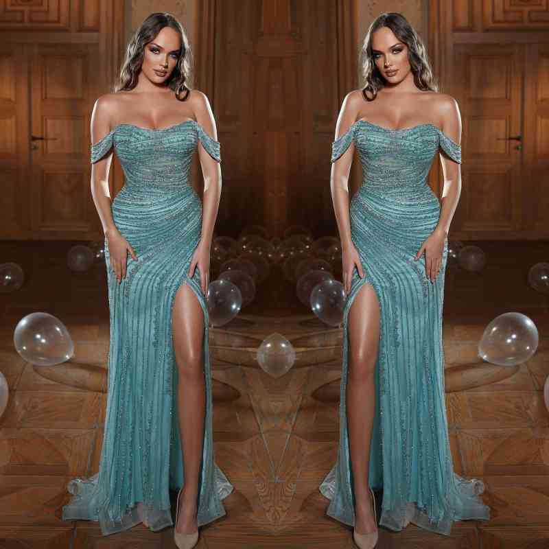 
                      
                        Green Evening Dress Prom Dress with Sequins Slit Strapless Off-the-Shoulder
                      
                    