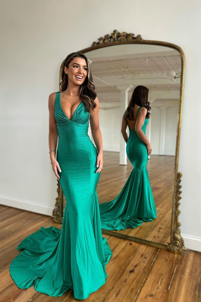 Green Prom Dress with Wide Shoulder V Neck Long Mermaid Style and Bead Embellishments