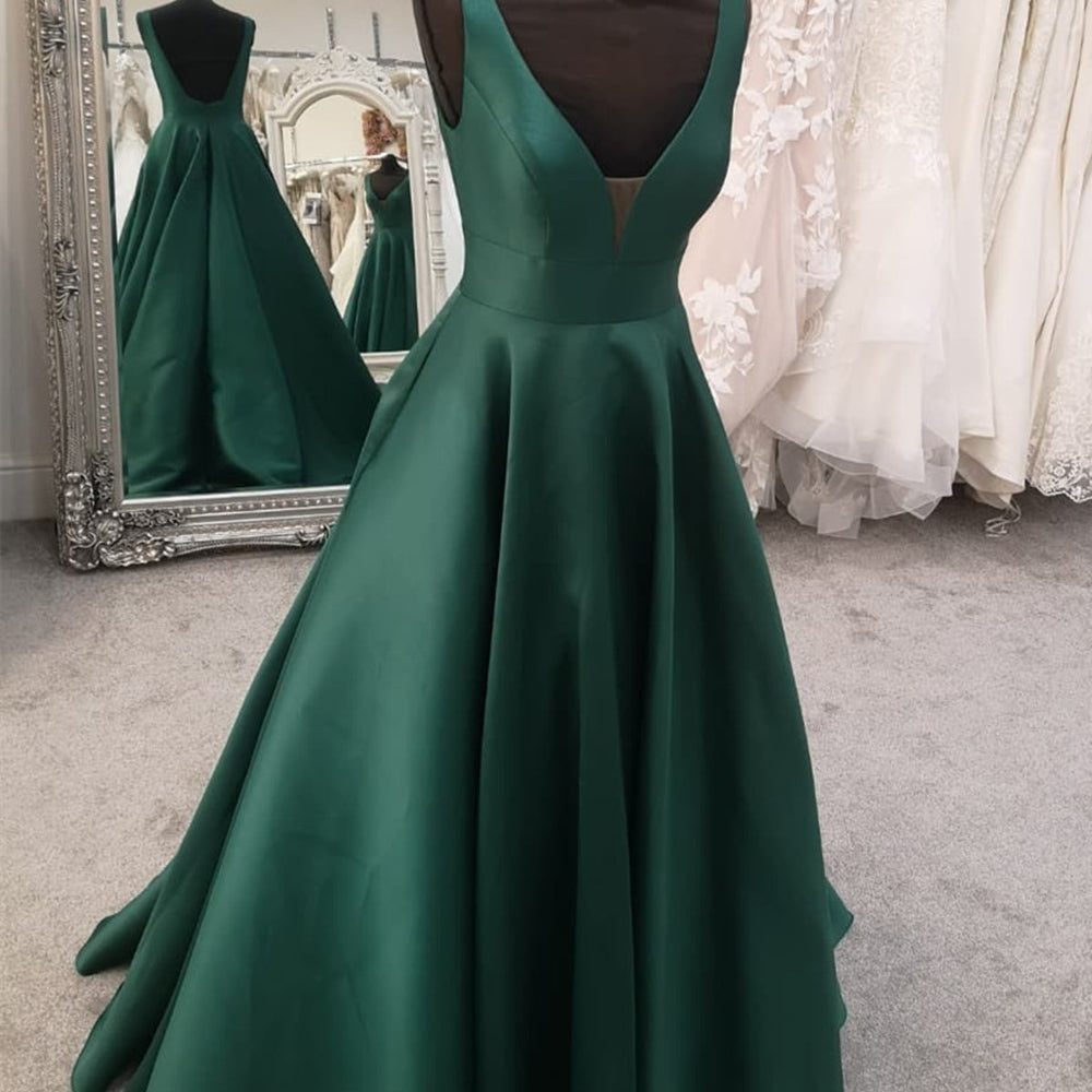 
                      
                        Green Satin V Neck Open Back Long Prom Dresses, V Neck Green Formal Evening Dresses 
                      
                    