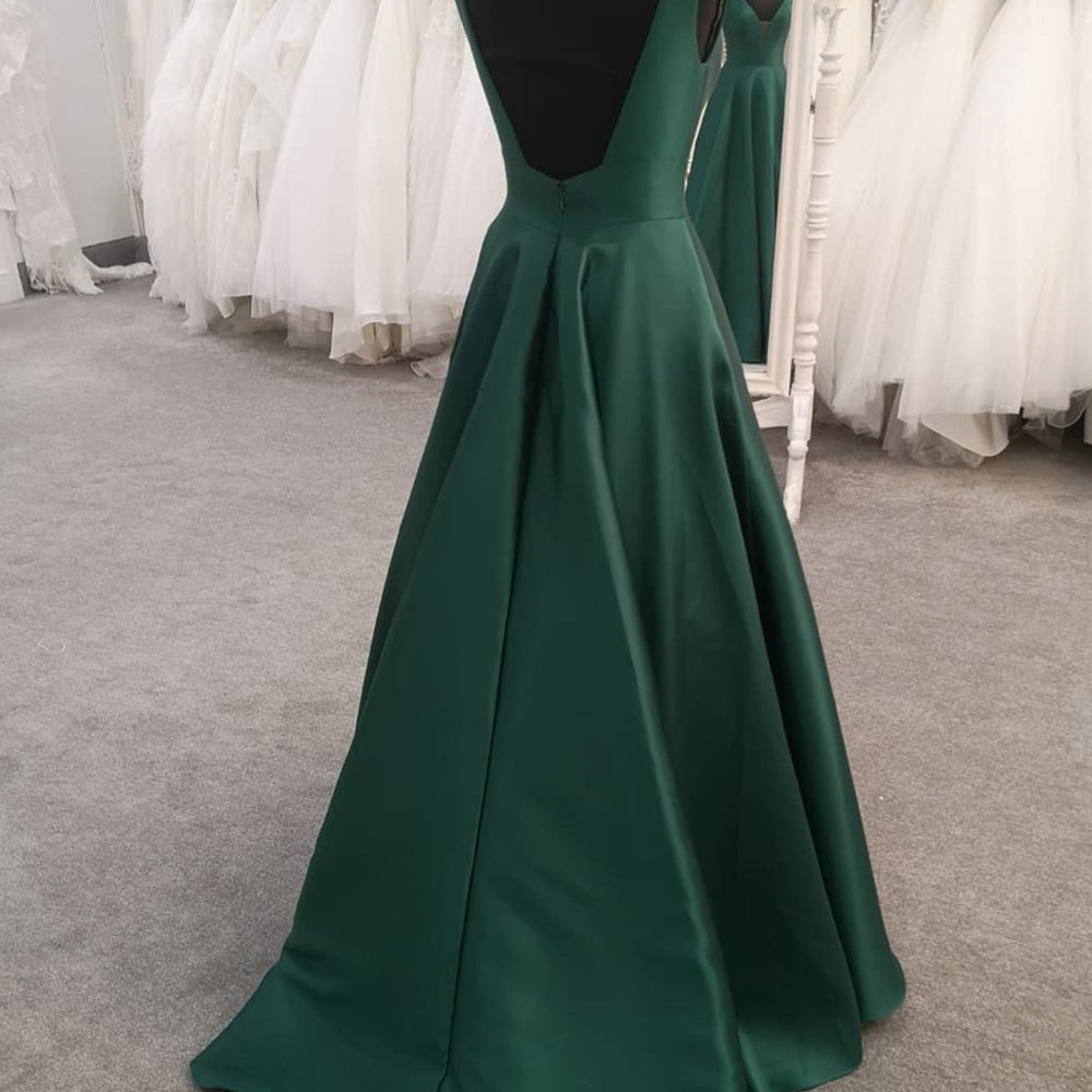 
                      
                        Green Satin V Neck Open Back Long Prom Dresses, V Neck Green Formal Evening Dresses 
                      
                    