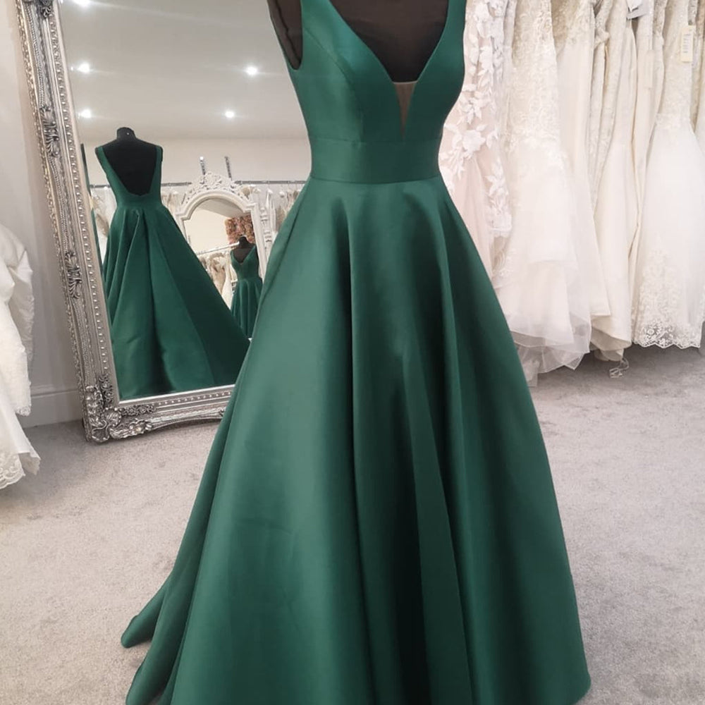 Green Satin V Neck Open Back Long Prom Dresses, V Neck Green Formal Evening Dresses 