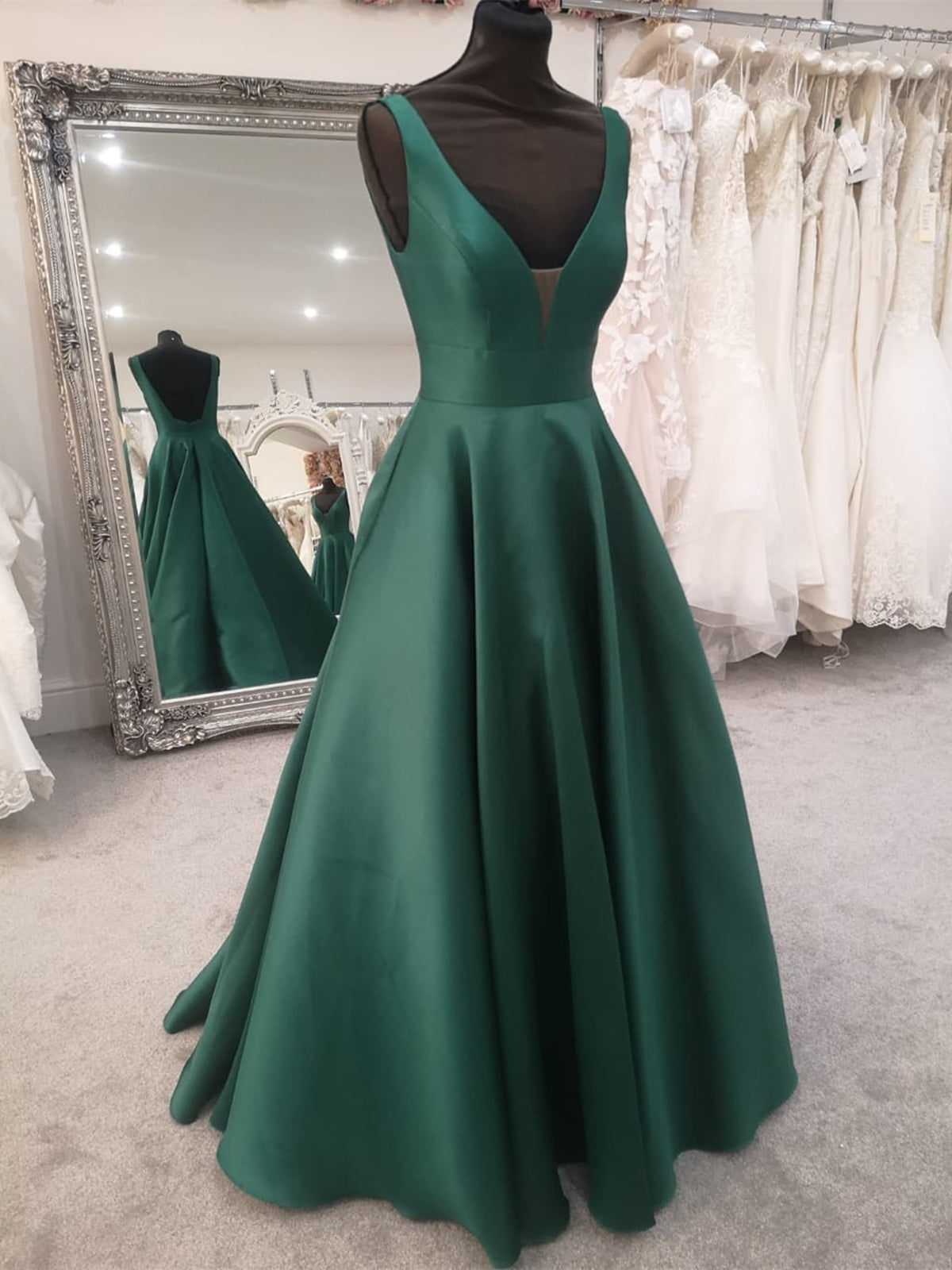 Green Satin V Neck Open Back Long Prom Dresses, V Neck Green Formal Evening Dresses 