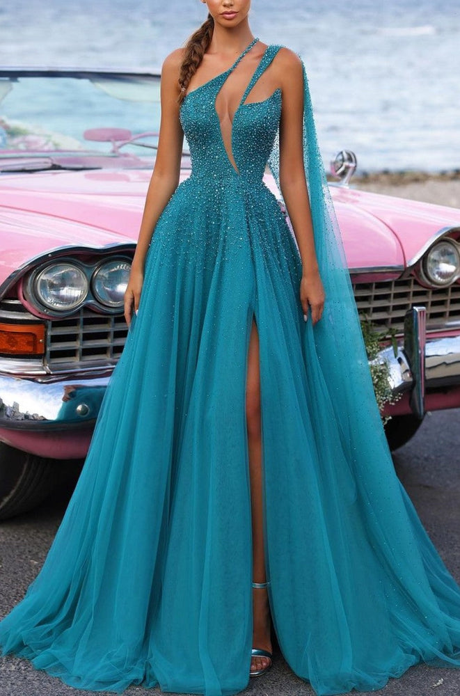 
                      
                        Green Sequin Tulle Prom Dress with High Slit Trail
                      
                    