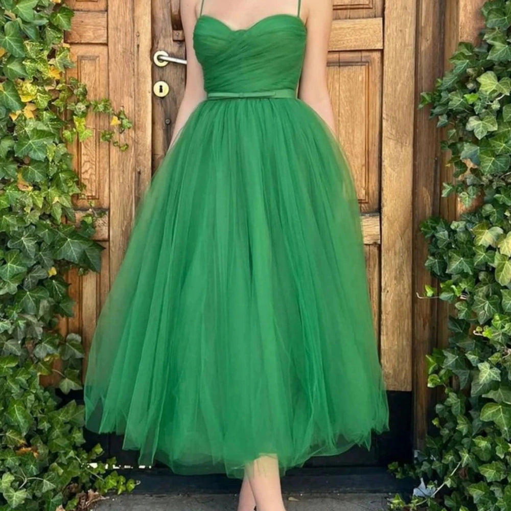 Green Tulle Tea Length Prom Dresses, Short Green Homecoming Dresses, Green Formal Evening Dresses 