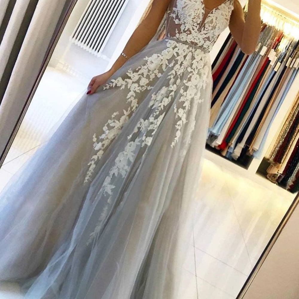 Grey Tulle V Neck White Lace Floral Long Prom Dresses, Long Grey Lace Formal Graduation Evening Dresses