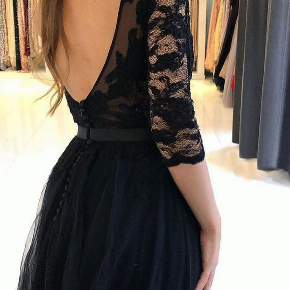 
                      
                        Half Sleeves Open Back Black Lace Long Prom Dresses with High Slit, Black Lace Formal Dresses, Black Evening Dresses 
                      
                    