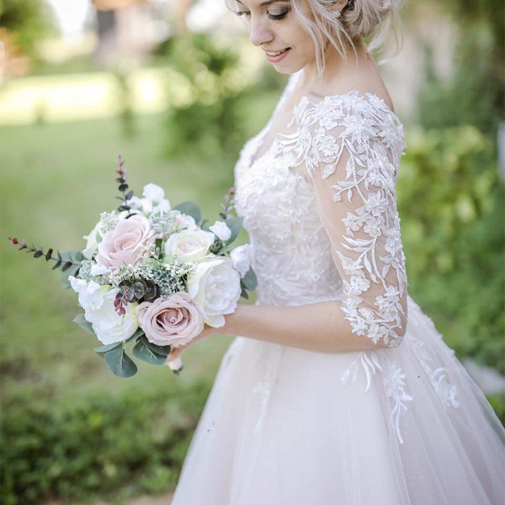 
                      
                        Half Sleeves V Neck White Lace Long Prom Dresses, White Lace Wedding Dresses, White Formal Evening Dresses 
                      
                    