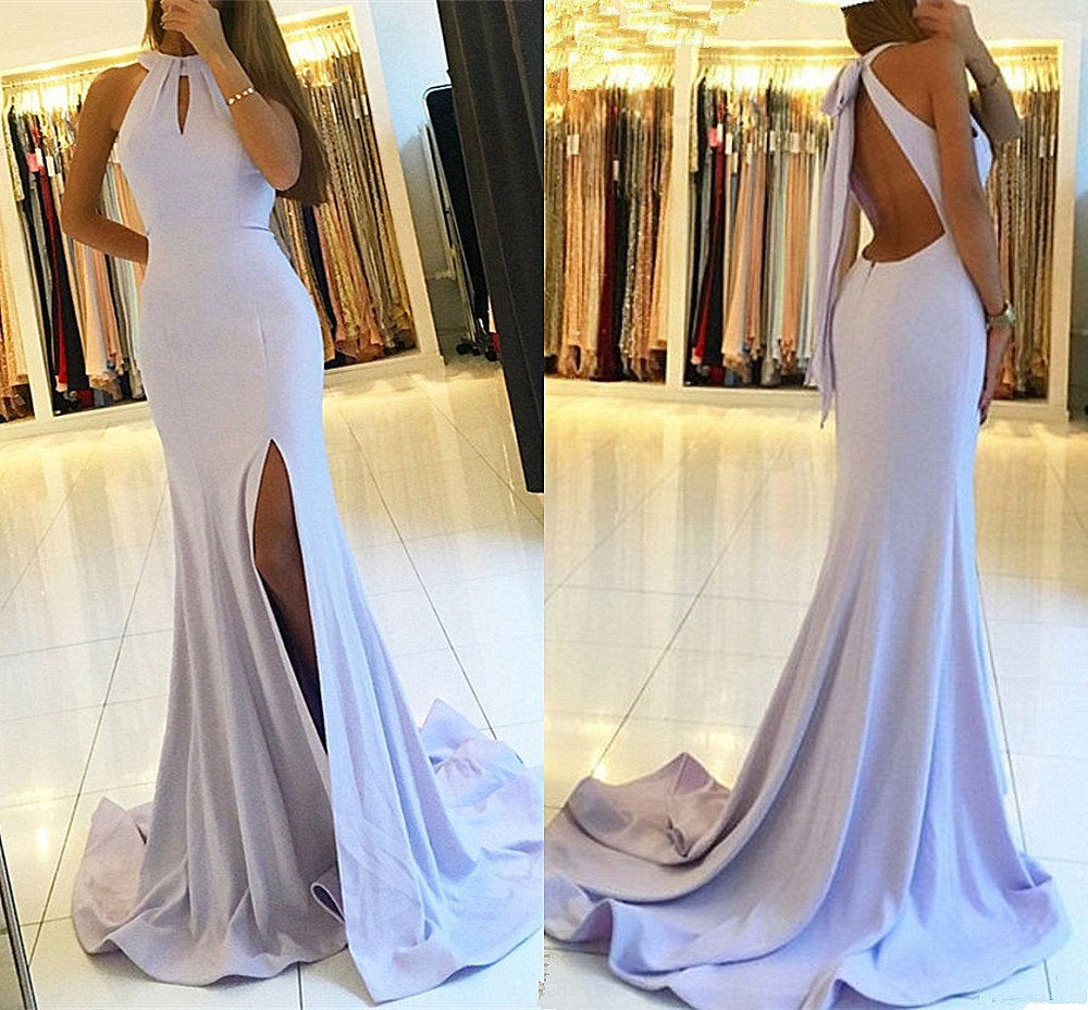 
                      
                        Halter Backless Evening Dress | Backless Prom Dress With Slit BA7367
                      
                    