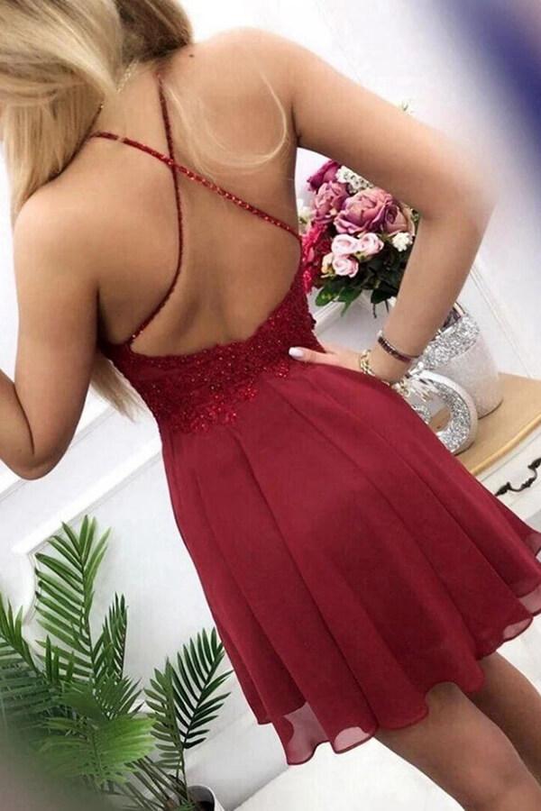 
                      
                        Halter Burgundy Chiffon Short Homecoming Dress With Beading
                      
                    