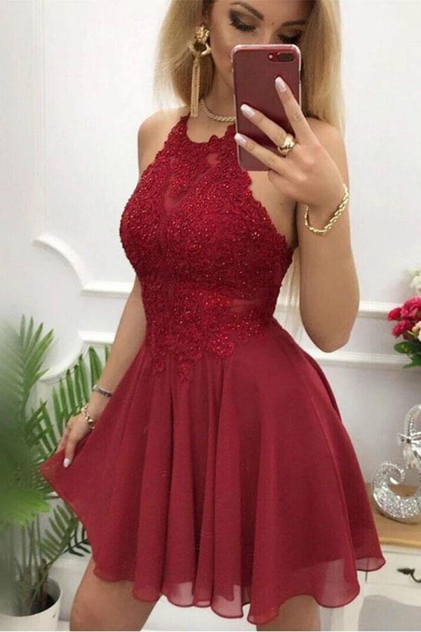 Halter Burgundy Chiffon Short Homecoming Dress With Beading