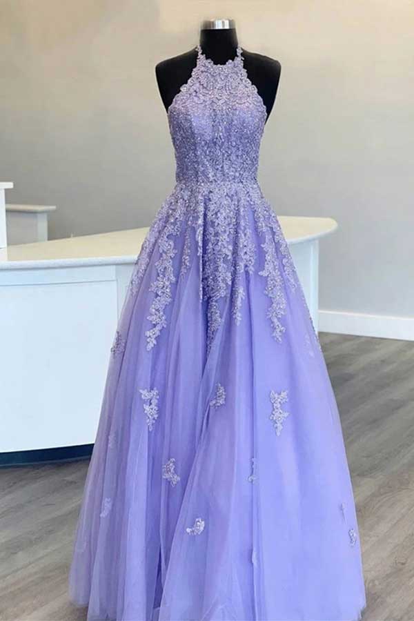 Halter Lavender Tulle Long Prom Dress Lace Appliques Evening Dress