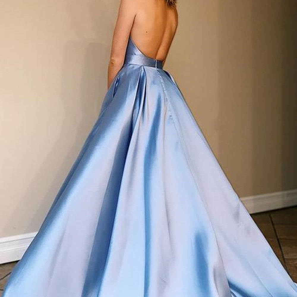 
                      
                        Halter Neck Backless Blue Satin Long Prom Dresses with Pocket, V Neck Blue Formal Dresses, Blue Evening Dress
                      
                    