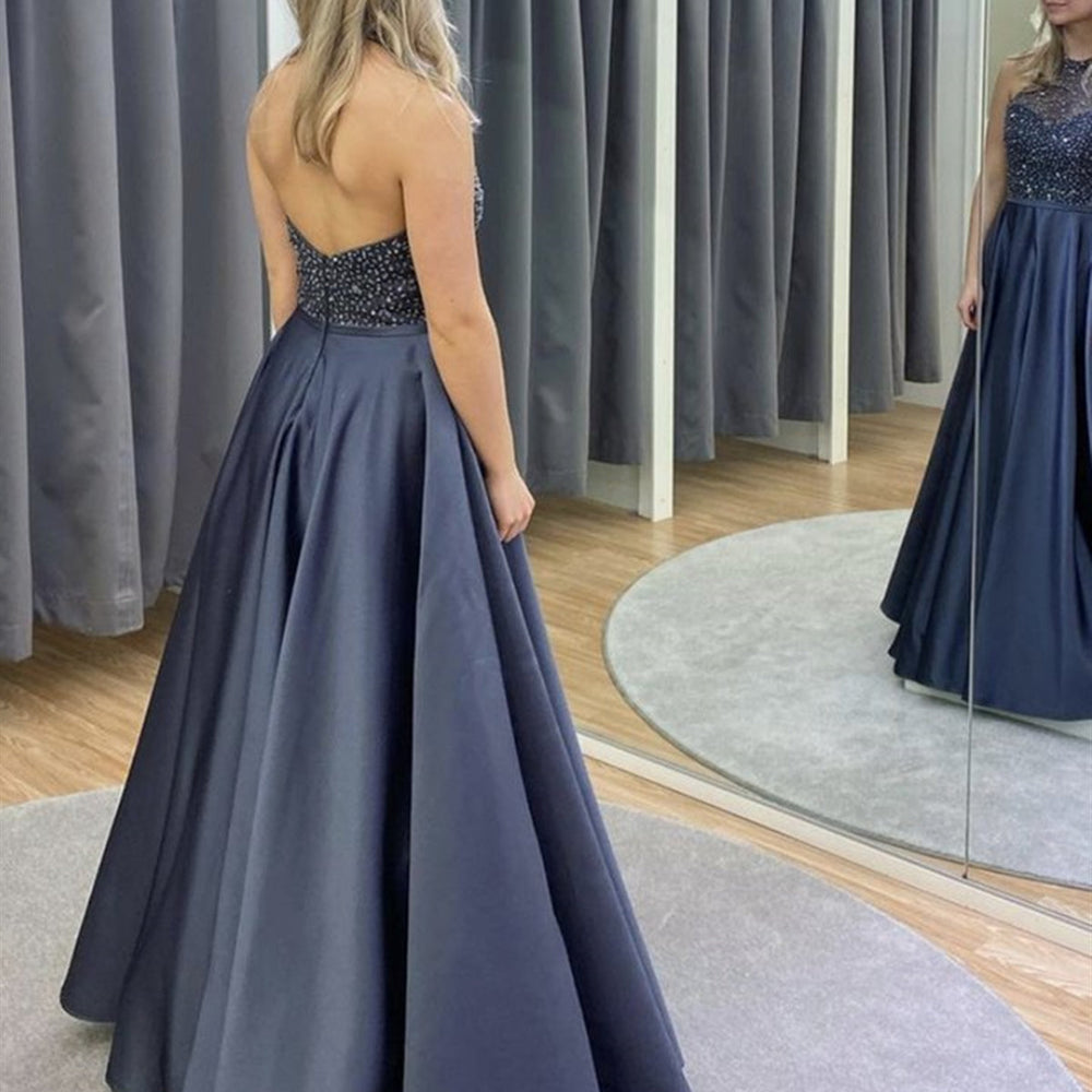 
                      
                        Halter Neck Backless Gray Beaded Long Prom Dresses, Backless Beaded Gray Formal Evening Dresses
                      
                    