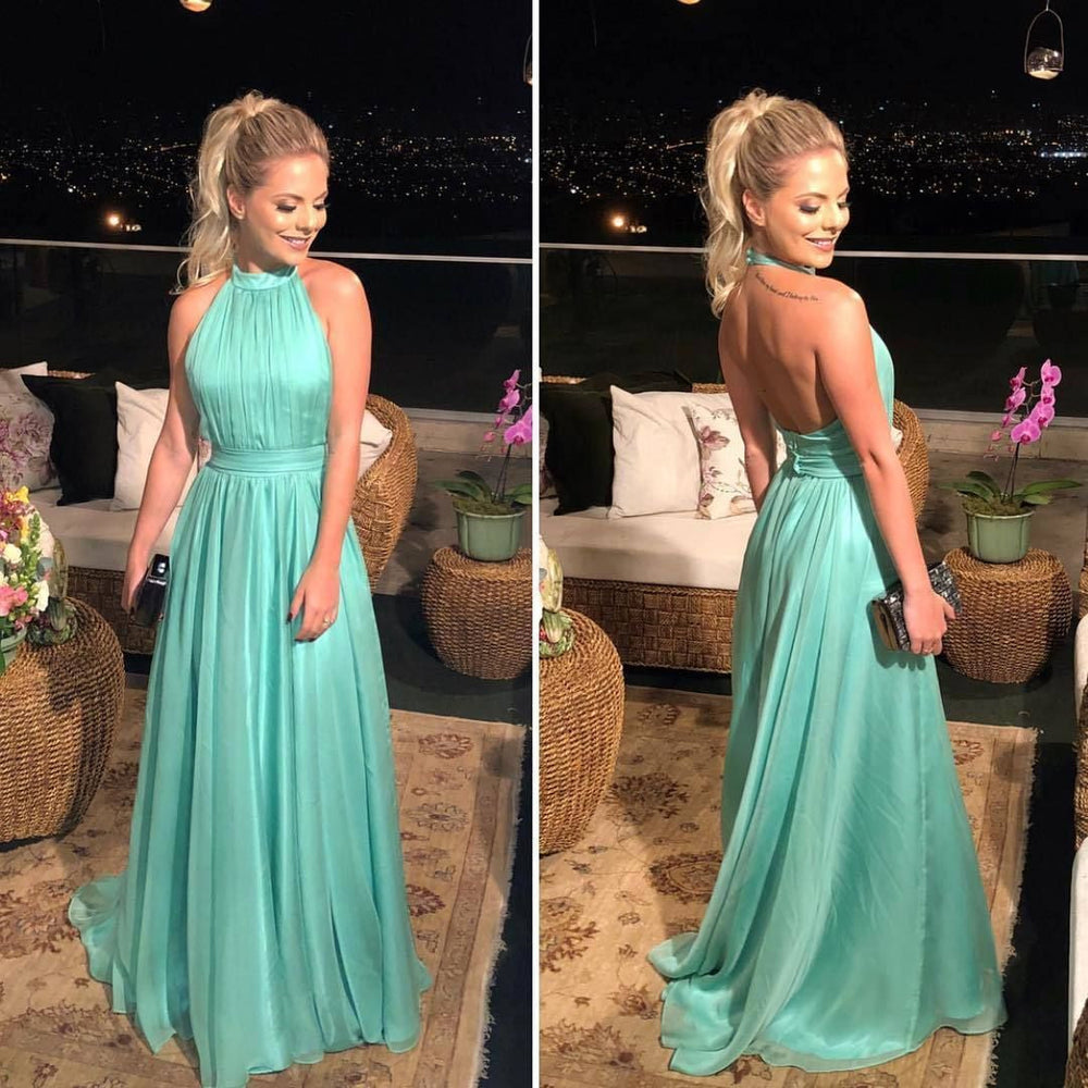 
                      
                        Halter Neck Backless Green Long Prom Dresses, Open Back Long Green Formal Evening Dress
                      
                    