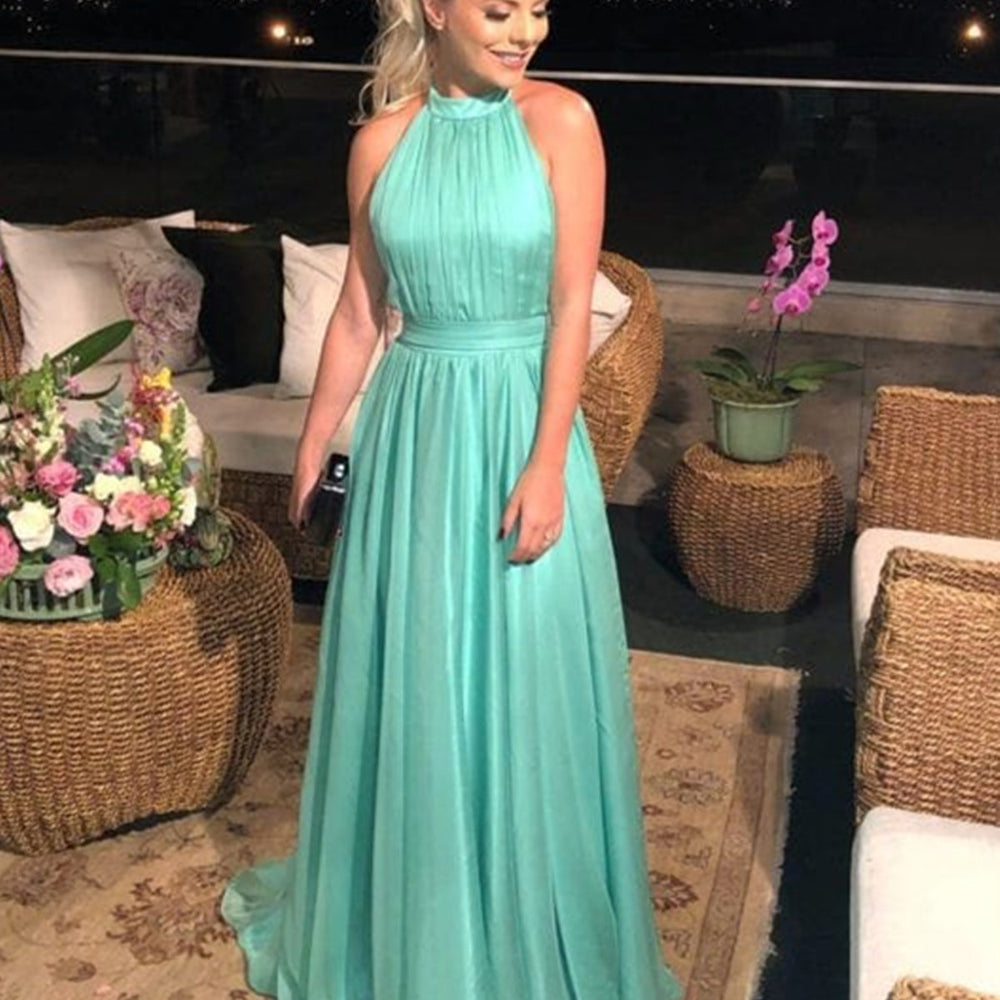 Halter Neck Backless Green Long Prom Dresses, Open Back Long Green Formal Evening Dress