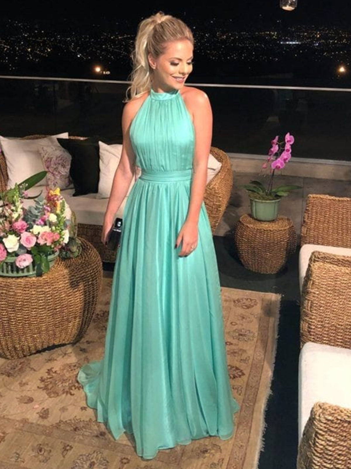 Halter Neck Backless Green Long Prom Dresses, Open Back Long Green Formal Evening Dress