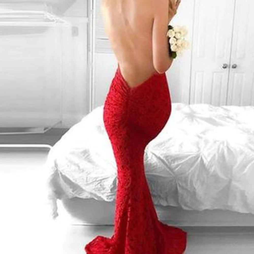 
                      
                        Halter Neck Backless Mermaid Red Lace Long Prom Dresses, Mermaid Red Formal Dresses, Red Lace Evening Dresses 
                      
                    