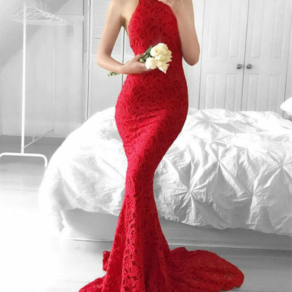 
                      
                        Halter Neck Backless Mermaid Red Lace Long Prom Dresses, Mermaid Red Formal Dresses, Red Lace Evening Dresses 
                      
                    