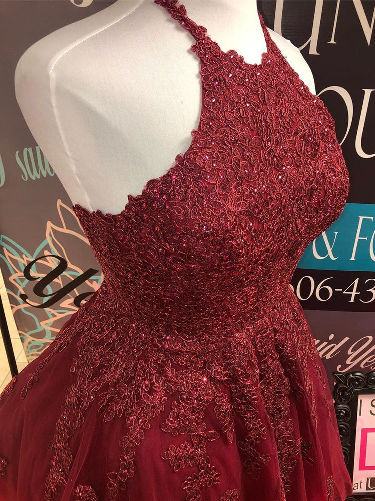 
                      
                        Halter Neck Backless Short Burgundy Lace Prom Dresses, Burgundy Lace Formal Graduation Homecoming Dresses
                      
                    